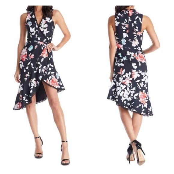 Dress the Population Dresses & Skirts - Dress The Population Black Floral Asymmetrical Dress Women’s Sz Large Cocktail
